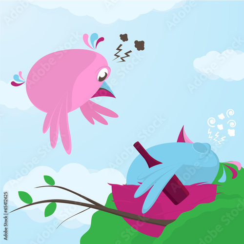 Fun cartoon of a bird returning to a drunk mate