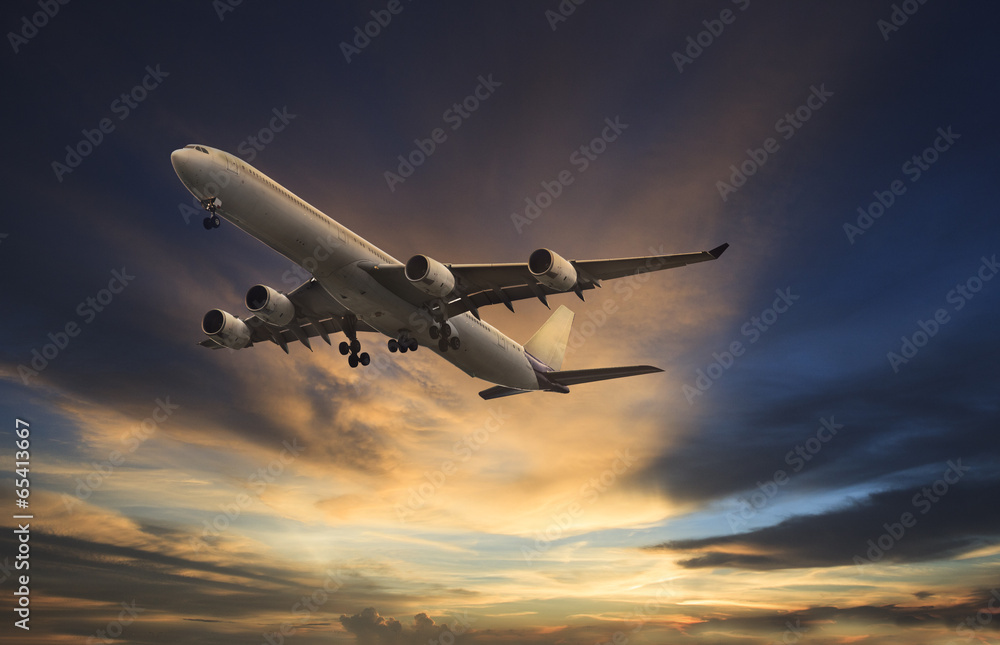 passenger plane flying on beautiful  dusky sky