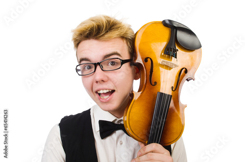 Funny man with violin on white