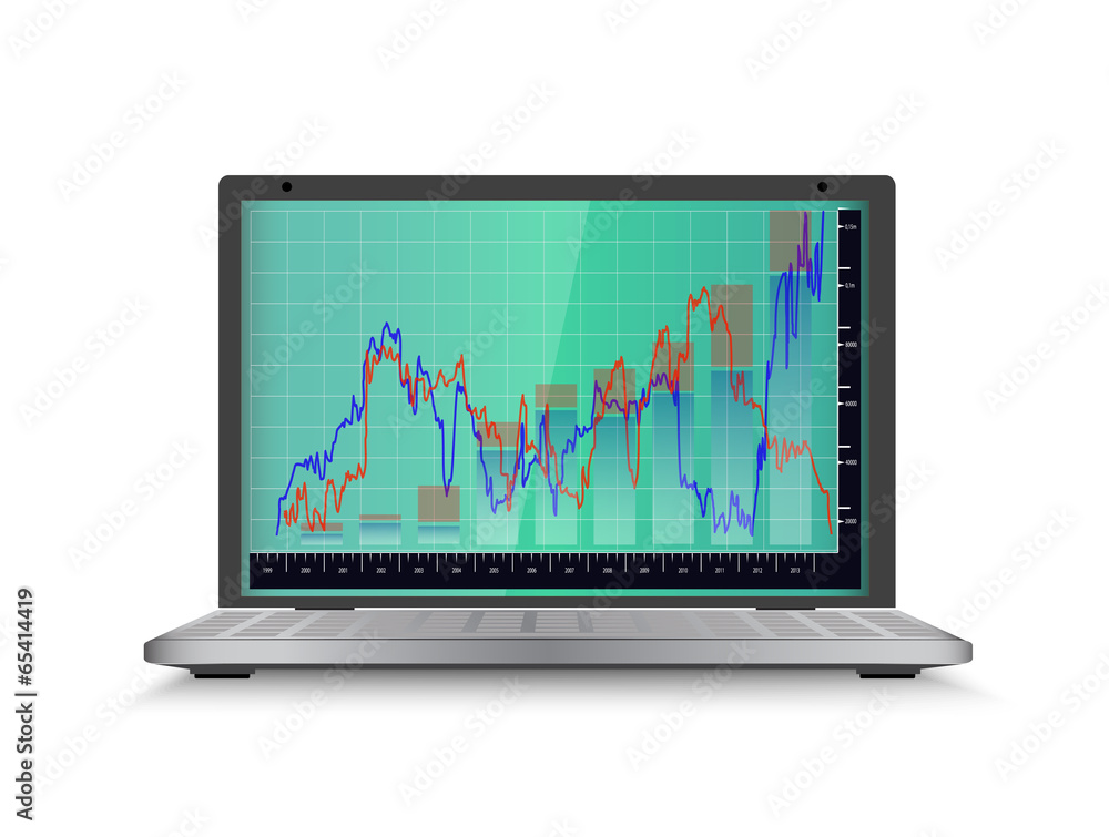 computer with the economic schedule on the display computer with the economic schedule on the display