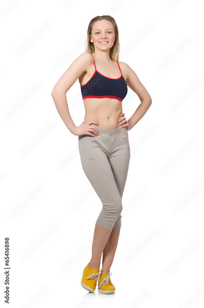 Young female doing exercises on white Young female doing exercises on white