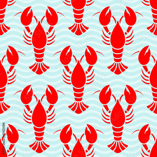 Seamless Pattern Lobster & Waves Red/White/Blue