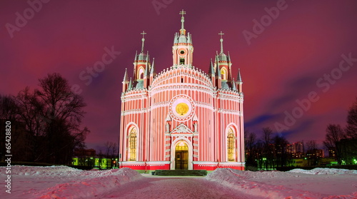 Cesme Gothic church in St. Petersburg at night lighting photo