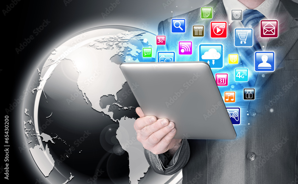 Business man use tablet pc with colorful application icons Business man use tablet pc with colorful application icons