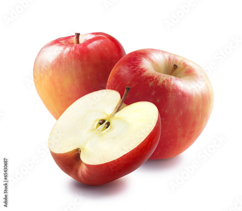 Honeycrisp red apples and half isolated on white background