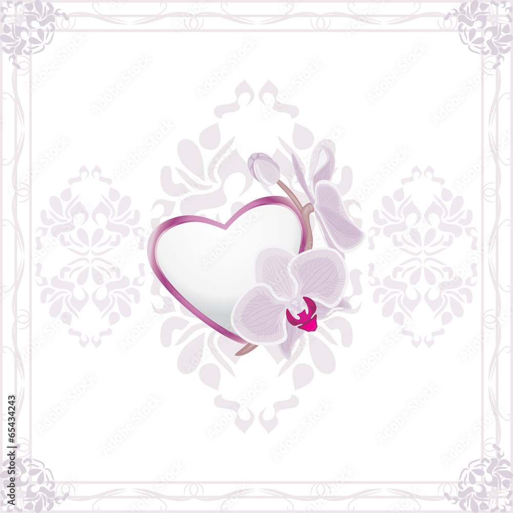 Ornamental frame with heart and blooming orchids