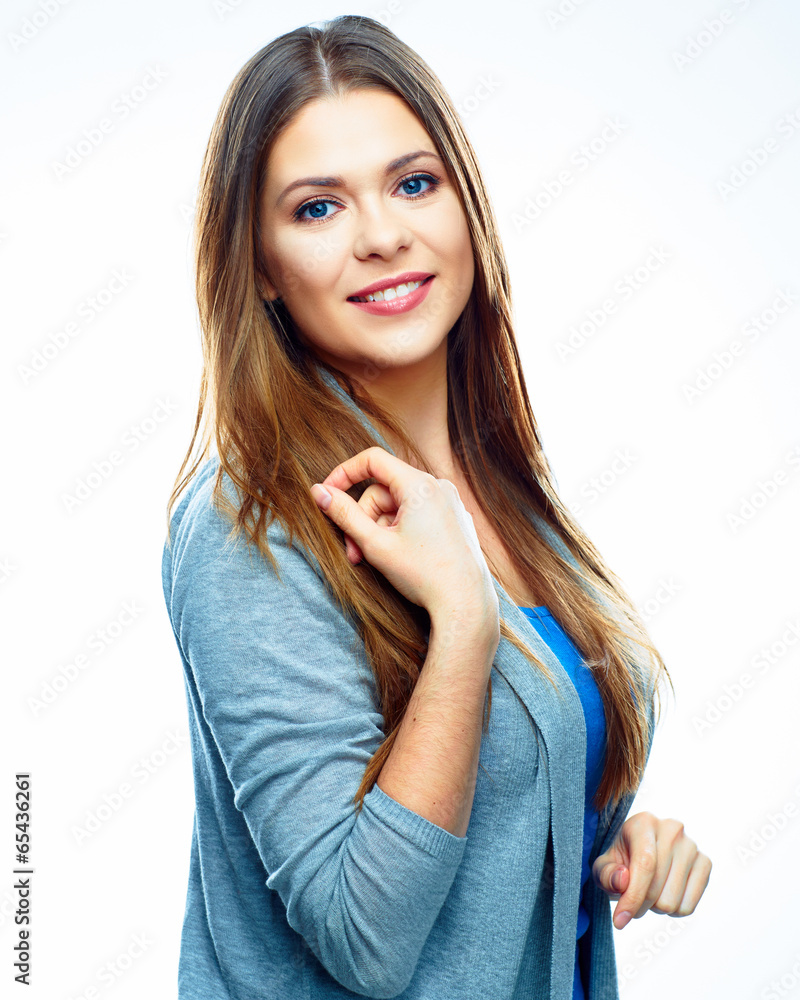 White background isolated smiling woman. Casual style White background isolated smiling woman. Casual style