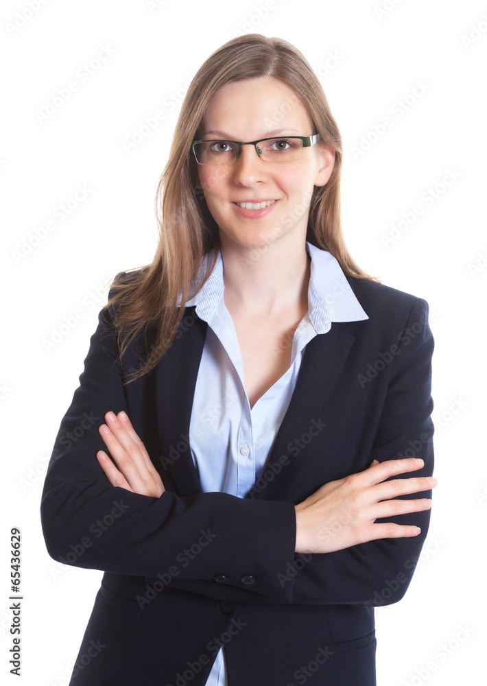 Laughing businesswoman with glasses crossed arms Laughing businesswoman with glasses crossed arms