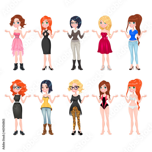 Women with different dresses, clothes and shoes.