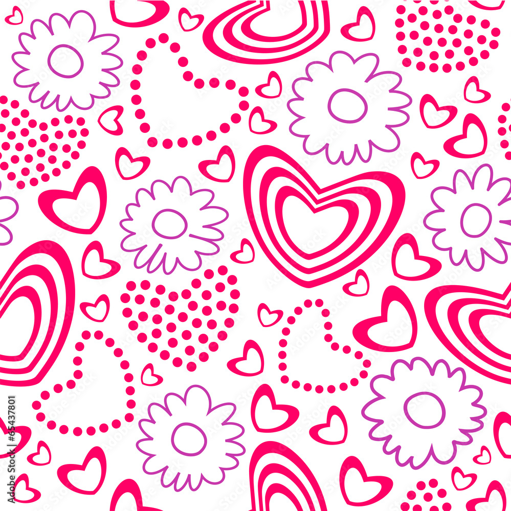 Cute pink hearts flowers and dots seamless pattern