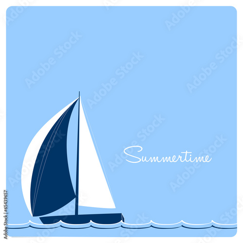summer card, sailing yacht race on blue background