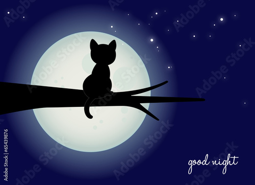 good night card, silhouette of cat sitting on a branch