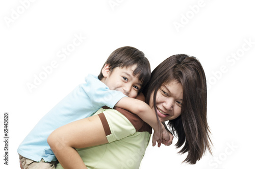 Little boy on mother's back on white background