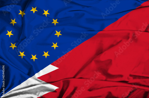 Waving flag of Bahrain and EU