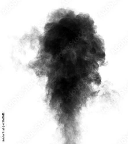 Black steam looking like smoke isolated on white background. Big cloud of black smoke.