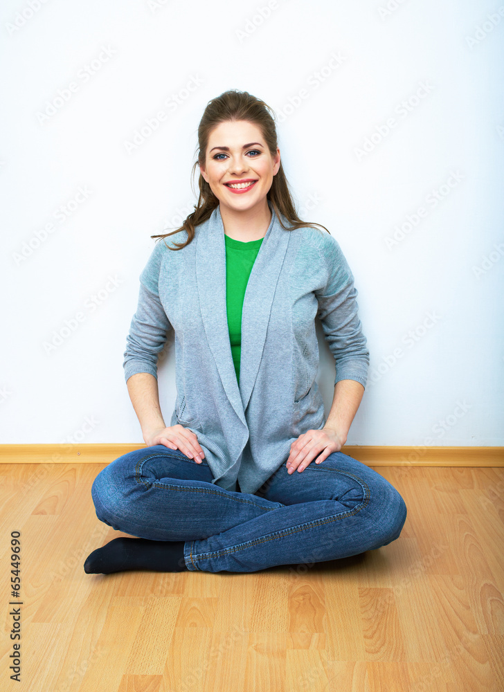 Woman natural portrait, yoga exercises at home. White backgrou Woman natural portrait, yoga exercises at home. White backgrou