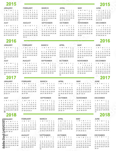 Calendar, New Year    2015, 2016, 2017,  2018 with green lines