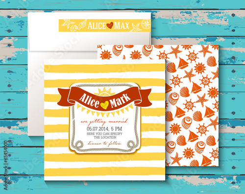 Wedding set of sea style. Vintage wooden background