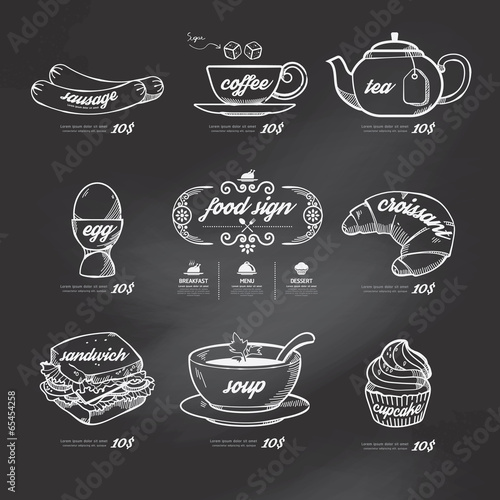 menu icons doodle drawn on chalkboard background .Vector vintage