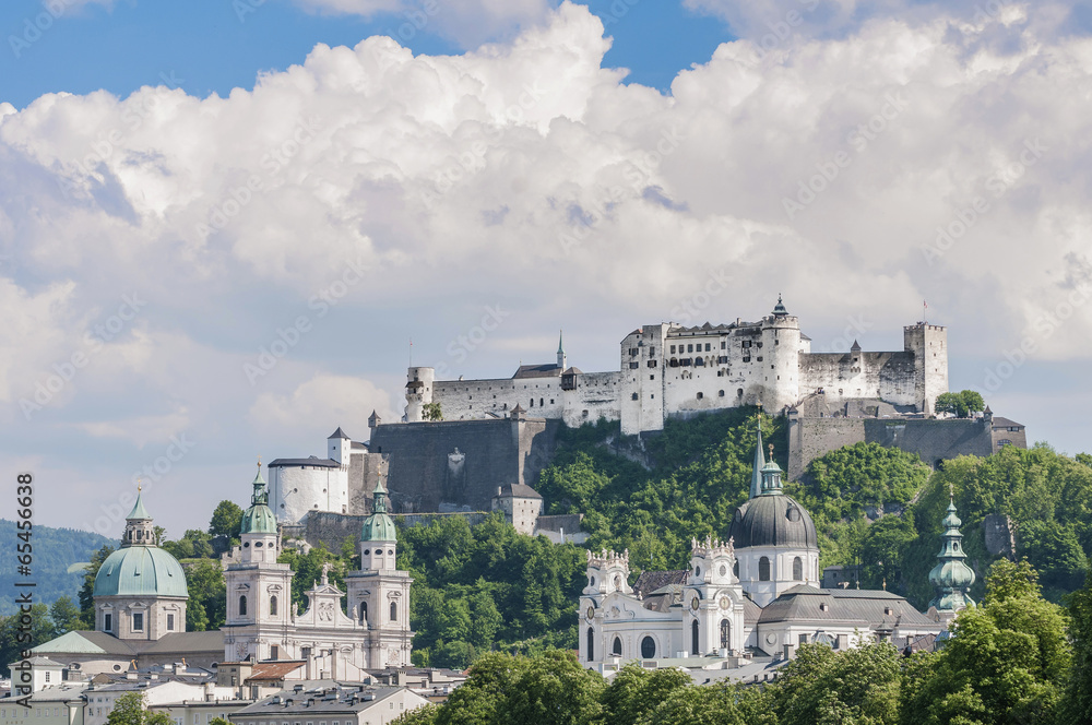 Salzburg Fortress (Festung Hohensalzburg) seen from Salzach rive