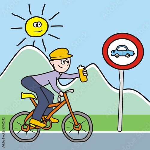 biker with bottle, cyclist boy, landscape, humorous vector illustration