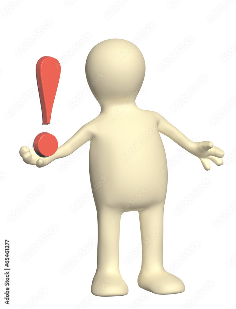 3d puppet with exclamation mark of red color 3d puppet with exclamation mark of red color
