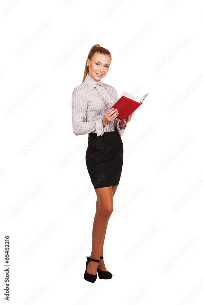 modern woman with red book in hands full growth modern woman with red book in hands full growth