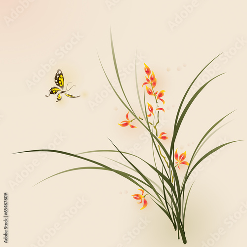 Oriental style painting, orchid flowers and butterfly