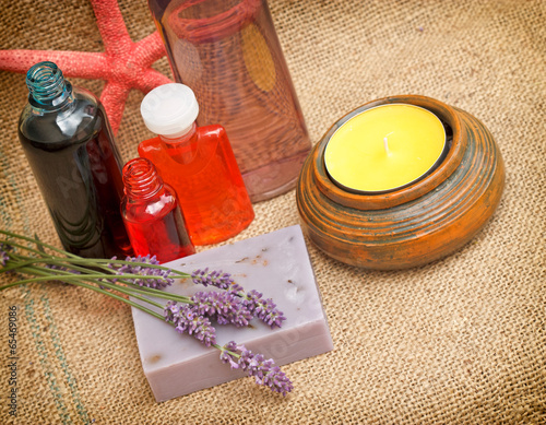 Spa treatment with lavender soap and lavender oil