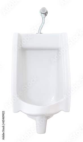 Front of urinal with flush valve on white background.