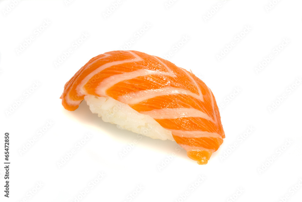 Salmon sushi nigiri isolated on white background. Macro. Salmon sushi nigiri isolated on white background. Macro.