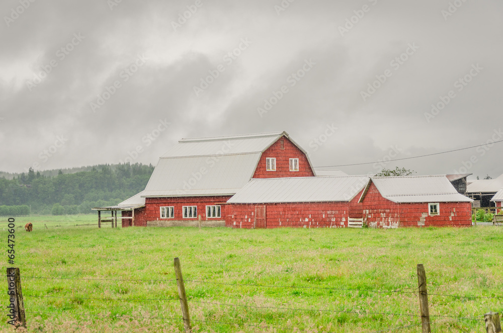 Obraz premium Red Barn During a Heavy Rainstorm