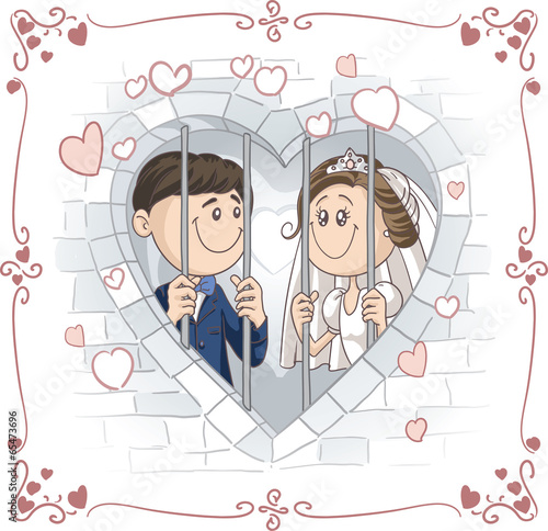 Just Married Couple in Jail Vector Cartoon