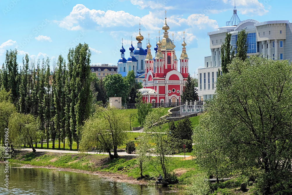 Tambov, embankment of Tsna River with churches, Russia