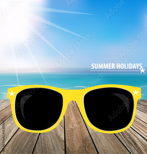Summer holiday background. Sunglassess on wood terrace. Vector i