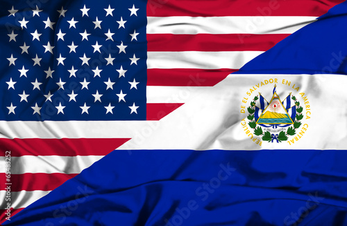 Waving flag of El Salvador and USA