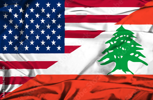 Waving flag of Lebanon and USA photo