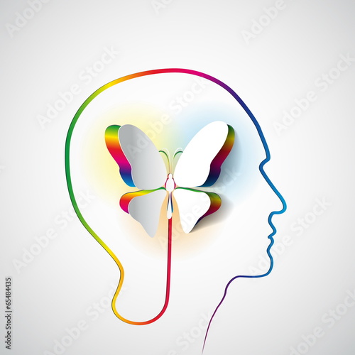 Human head with paper butterfly - symbol Freedom and creativity