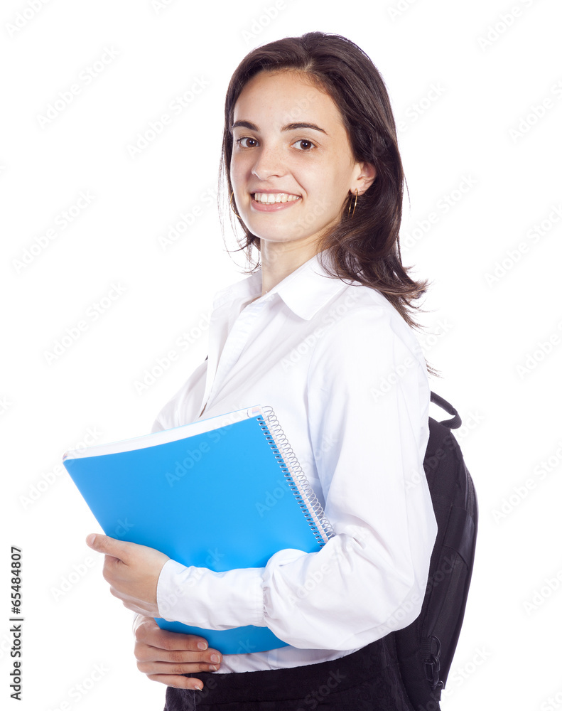 Portrait of a cheerful young student girl, isolated on white bac Portrait of a cheerful young student girl, isolated on white bac