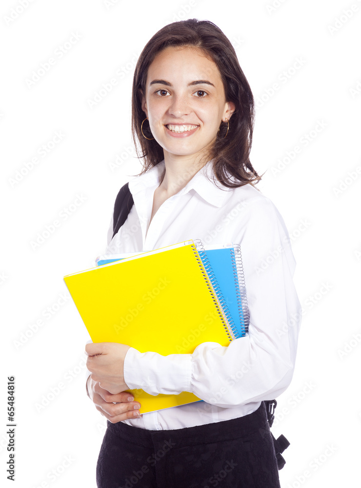 Portrait of a cheerful young student girl, isolated on white bac Portrait of a cheerful young student girl, isolated on white bac