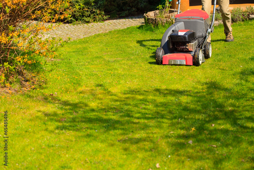 Gardening. Mowing green lawn with red lawnmower Gardening. Mowing green lawn with red lawnmower