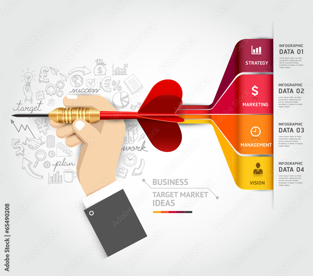 Businessman hand with dart and doodles icons.