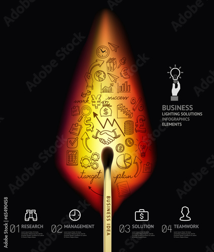 Business concept burning match and doodles icons infographic.