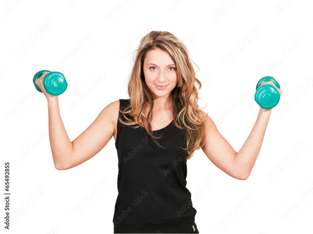 Young girl with dumbbells on a white background Young girl with dumbbells on a white background