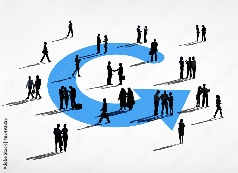 Business People Standing In A Replay Button Sign Business People Standing In A Replay Button Sign