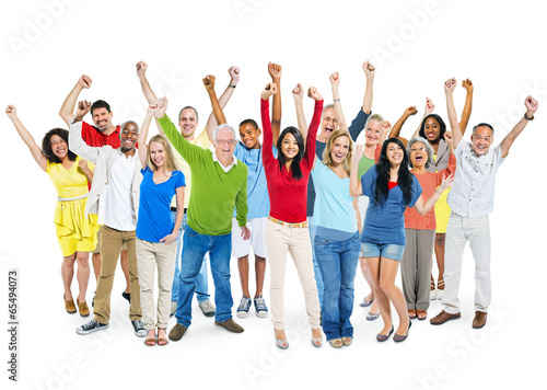Cheerful Multi-Ethnic Group Of People With Their Arms Raised Ind