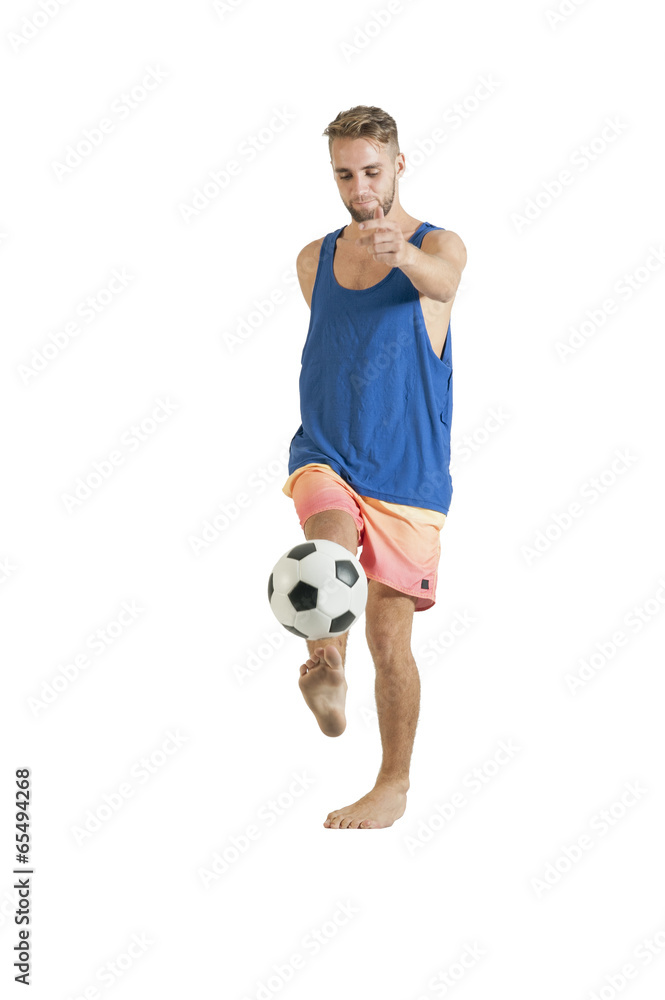 Young attractive guy playing with football isolated on white Young attractive guy playing with football isolated on white
