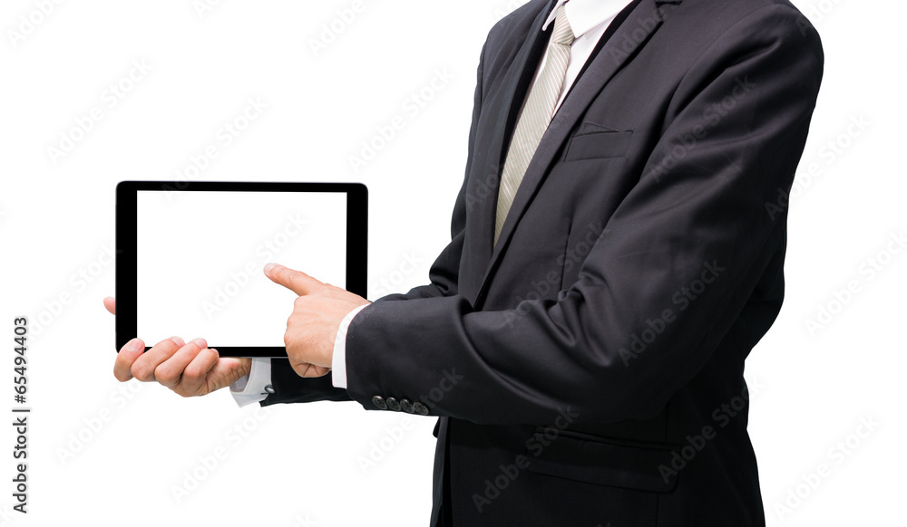 Businessman standing posture hand holding blank tablet Businessman standing posture hand holding blank tablet