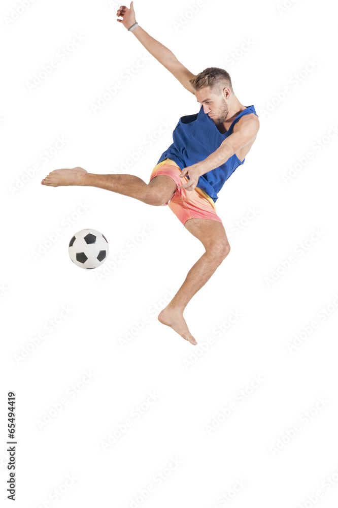 Young attractive guy playing with football isolated on white Young attractive guy playing with football isolated on white