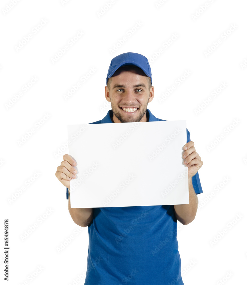 Young attractive guy holding white placecard in blue uniform Young attractive guy holding white placecard in blue uniform
